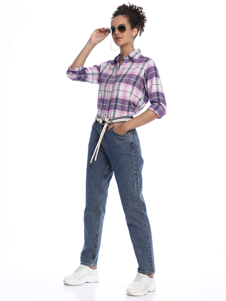 Binny Purple & Pink Checks Soft Cotton Viscose Shirt for Women - Zurich Fit from GAZILLION - Stylised Look