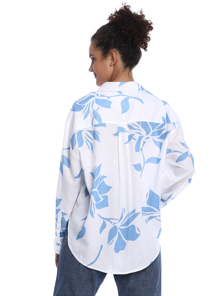 Bonnie Blue Floral Print Viscose Linen Oversized Shirt for Women - Brussels Fit from GAZILLION - Back Look