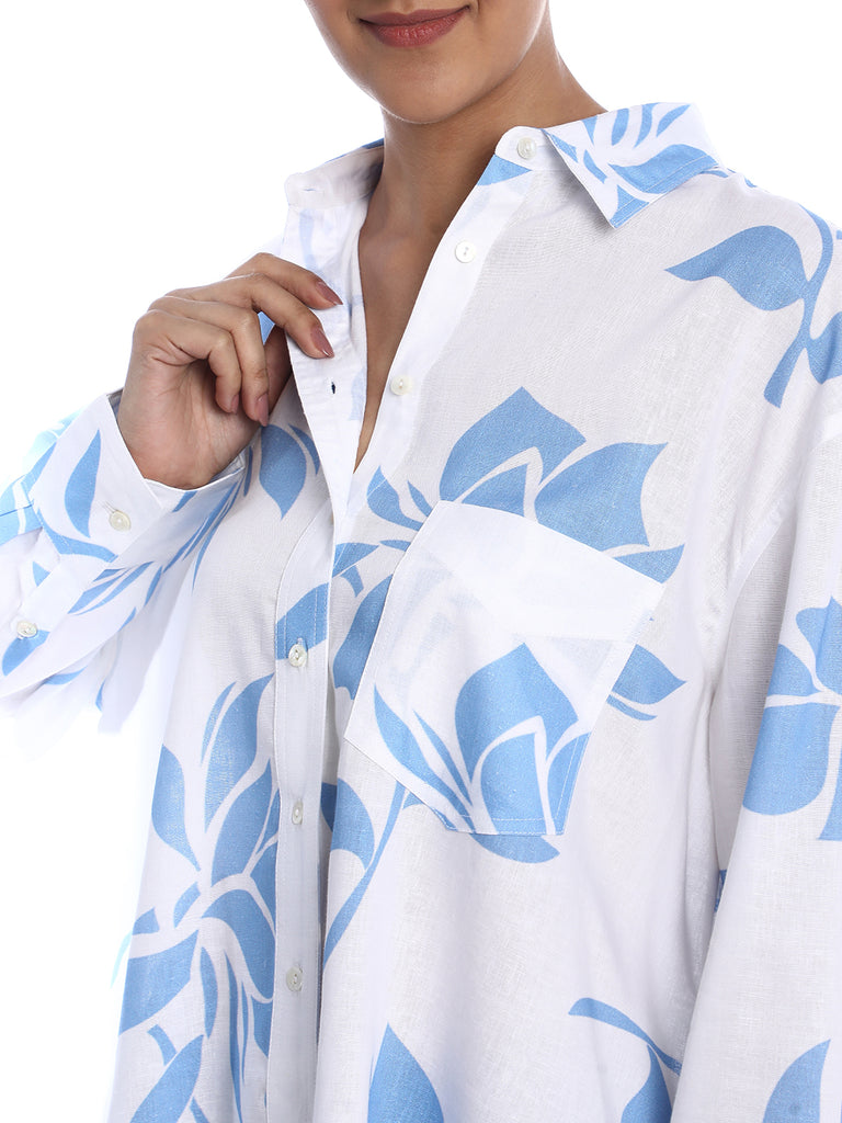 Bonnie Blue Floral Print Viscose Linen Oversized Shirt for Women - Brussels Fit from GAZILLION - Dignity Button Detail