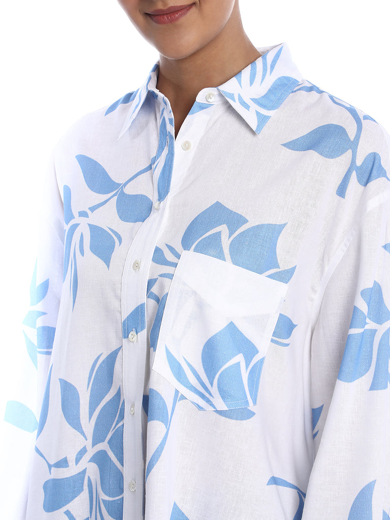 Bonnie Blue Floral Print Viscose Linen Oversized Shirt for Women - Brussels Fit from GAZILLION - Front Detail