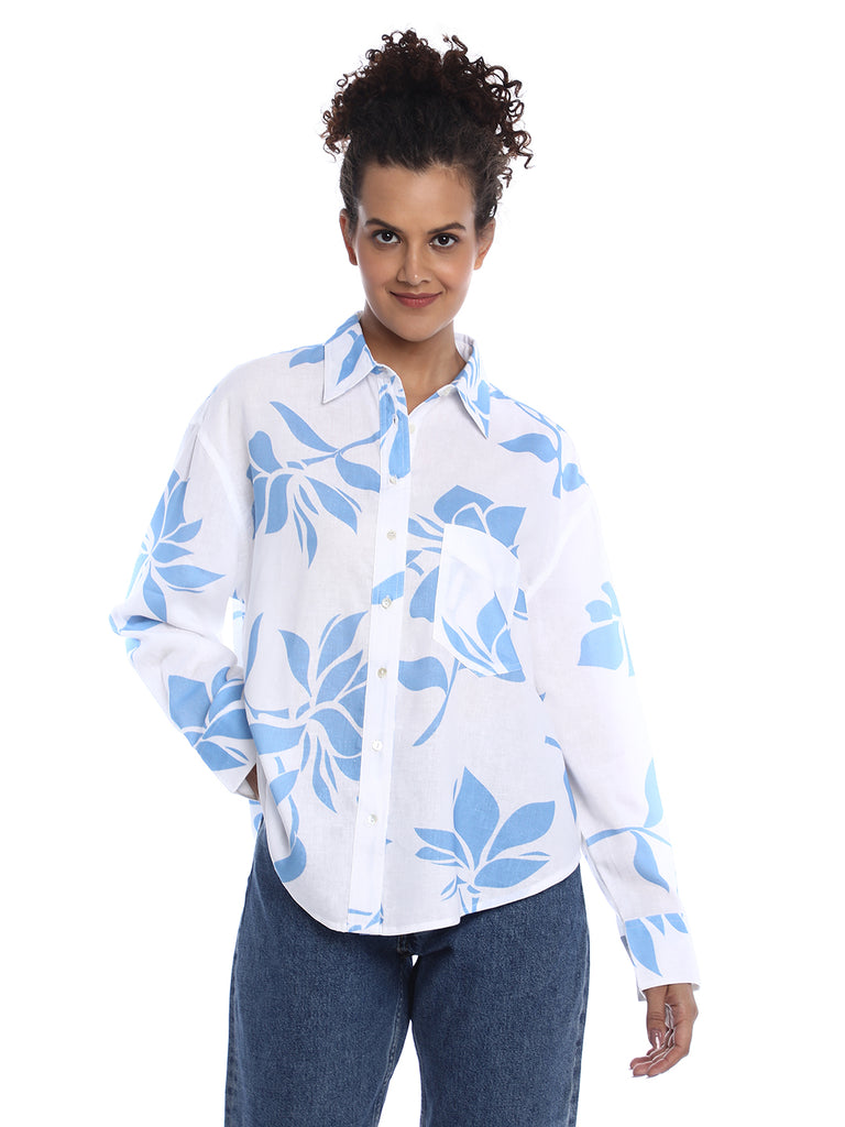 Bonnie Blue Floral Print Viscose Linen Oversized Shirt for Women - Brussels Fit from GAZILLION - Front Look