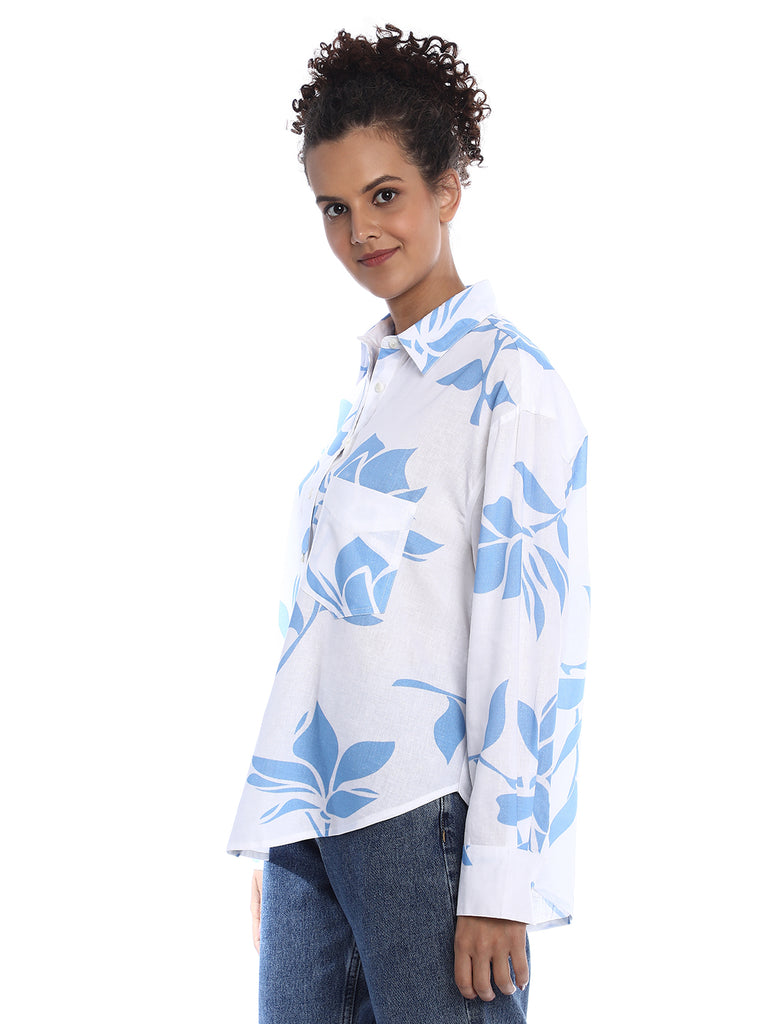 Bonnie Blue Floral Print Viscose Linen Oversized Shirt for Women - Brussels Fit from GAZILLION - Left Side Look