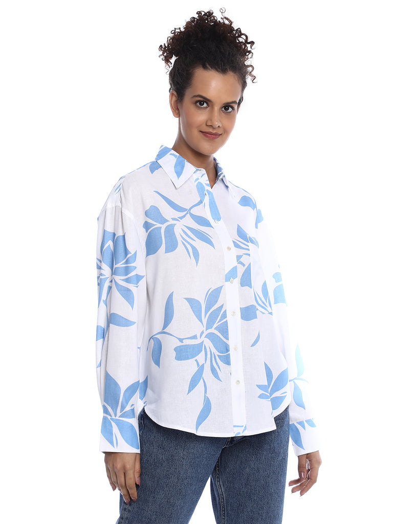Bonnie Blue Floral Print Viscose Linen Oversized Shirt for Women - Brussels Fit from GAZILLION - Right Side Look