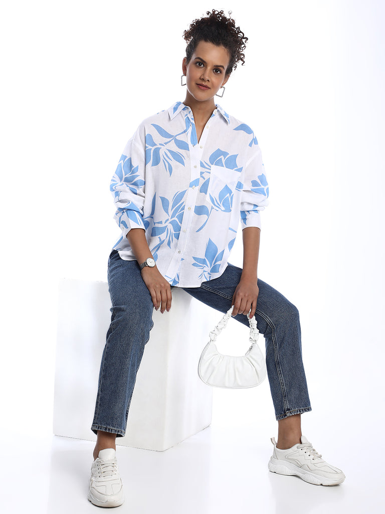 Bonnie Blue Floral Print Viscose Linen Oversized Shirt for Women - Brussels Fit from GAZILLION - Stylised Seated Look