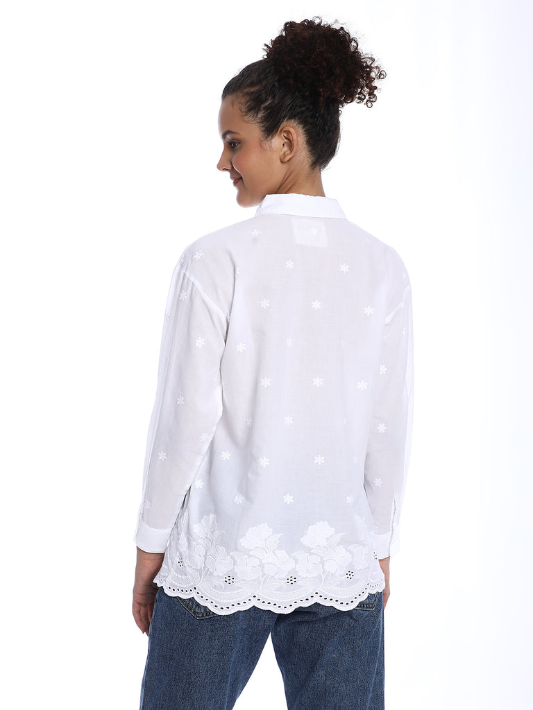 Bree White Schiffli Floral Border Drop Shoulder Shirt for Women - Paris Fit from GAZILLION - Back Look