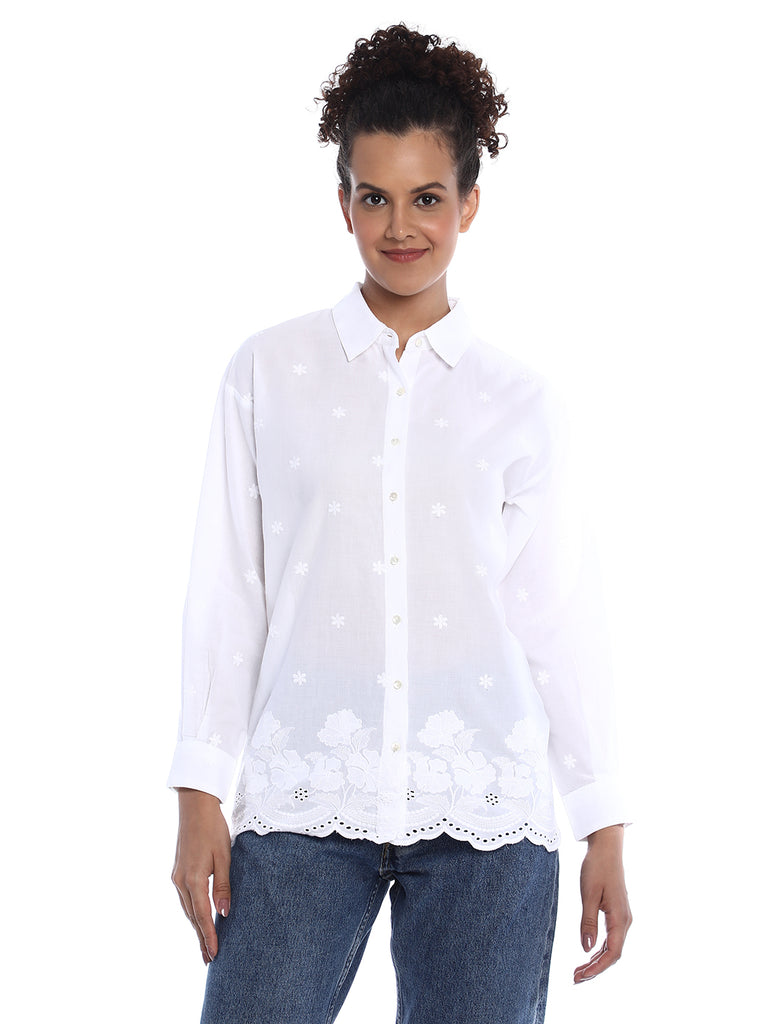 Bree White Schiffli Floral Border Drop Shoulder Shirt for Women - Paris Fit from GAZILLION - Front Look