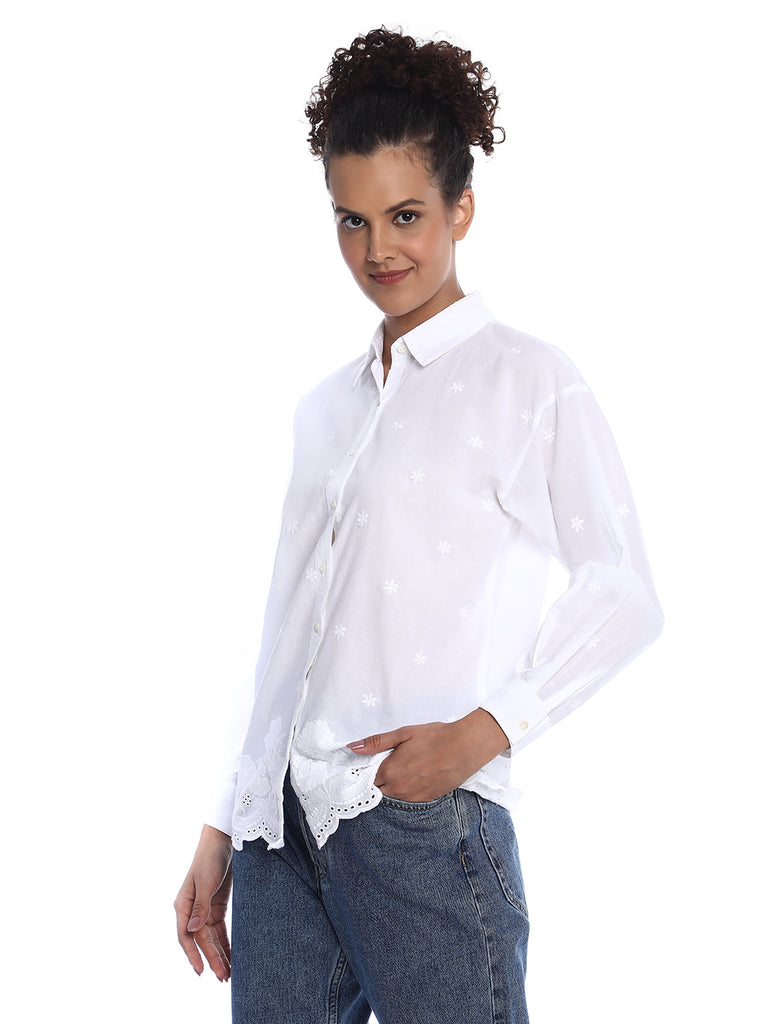 Bree White Schiffli Floral Border Drop Shoulder Shirt for Women - Paris Fit from GAZILLION - Left Side Look