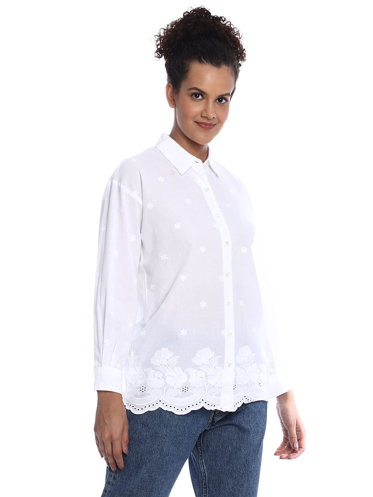 Bree White Schiffli Floral Border Drop Shoulder Shirt for Women - Paris Fit from GAZILLION - Right Side Look