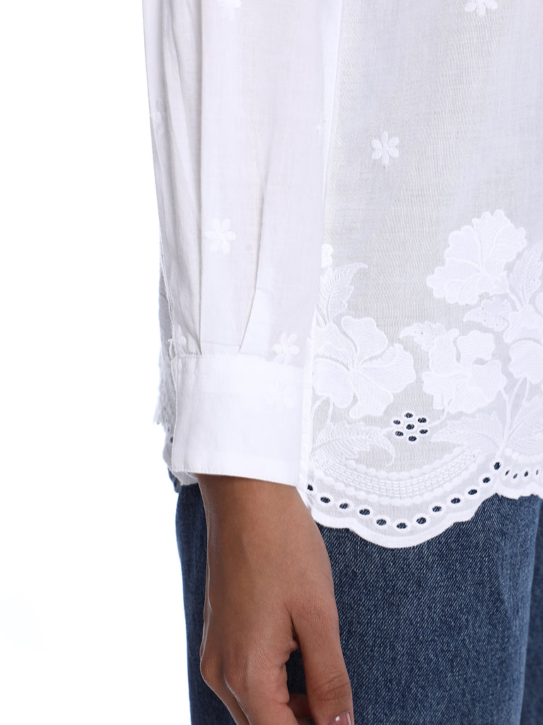 Bree White Schiffli Floral Border Drop Shoulder Shirt for Women - Paris Fit from GAZILLION - Sleeve Detail