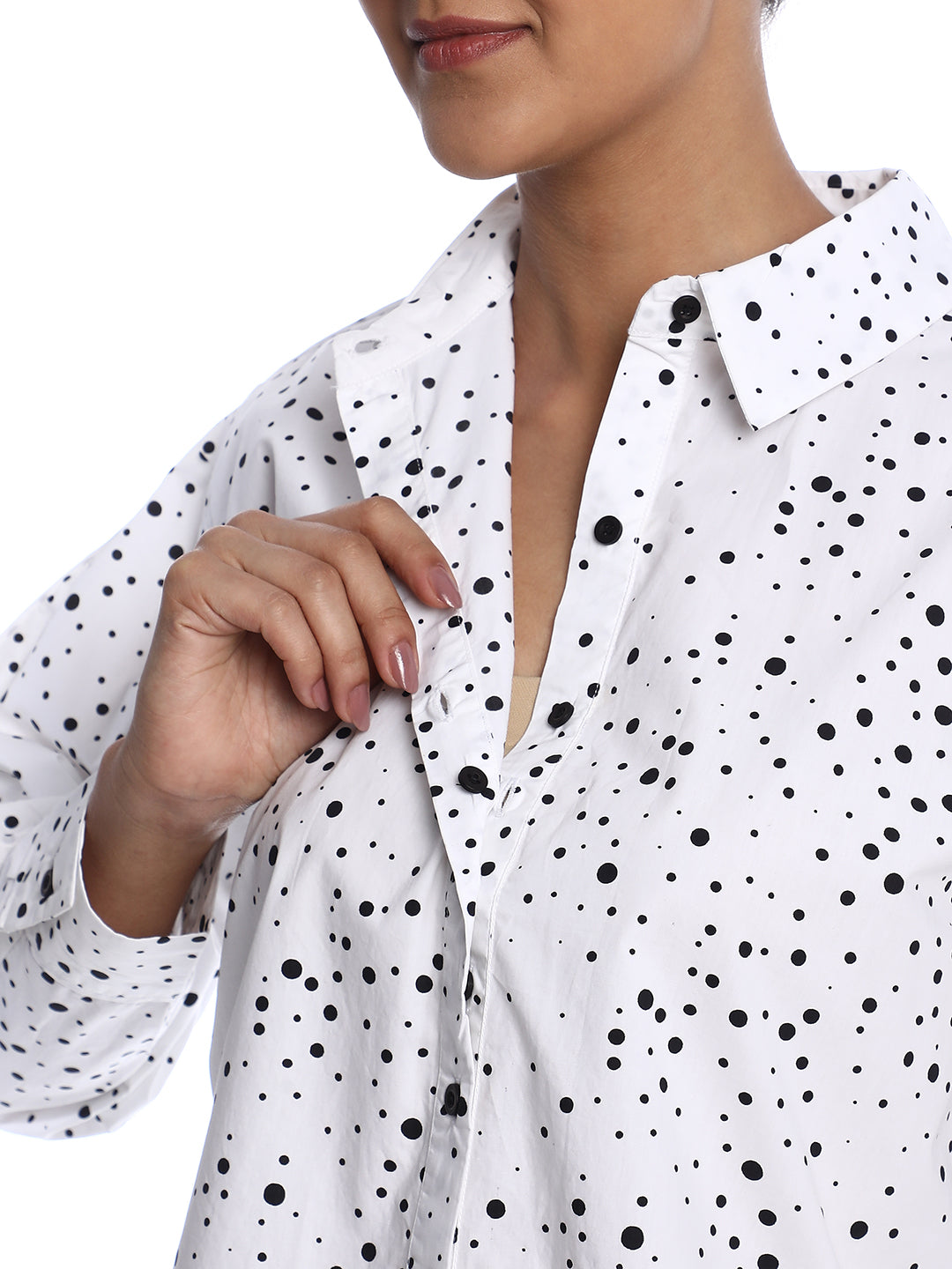 Brenda Black & White Polka Dots Print Cotton Drop Shoulder Shirt for Women - Paris Fit from GAZILLION - Dignity Button Detail