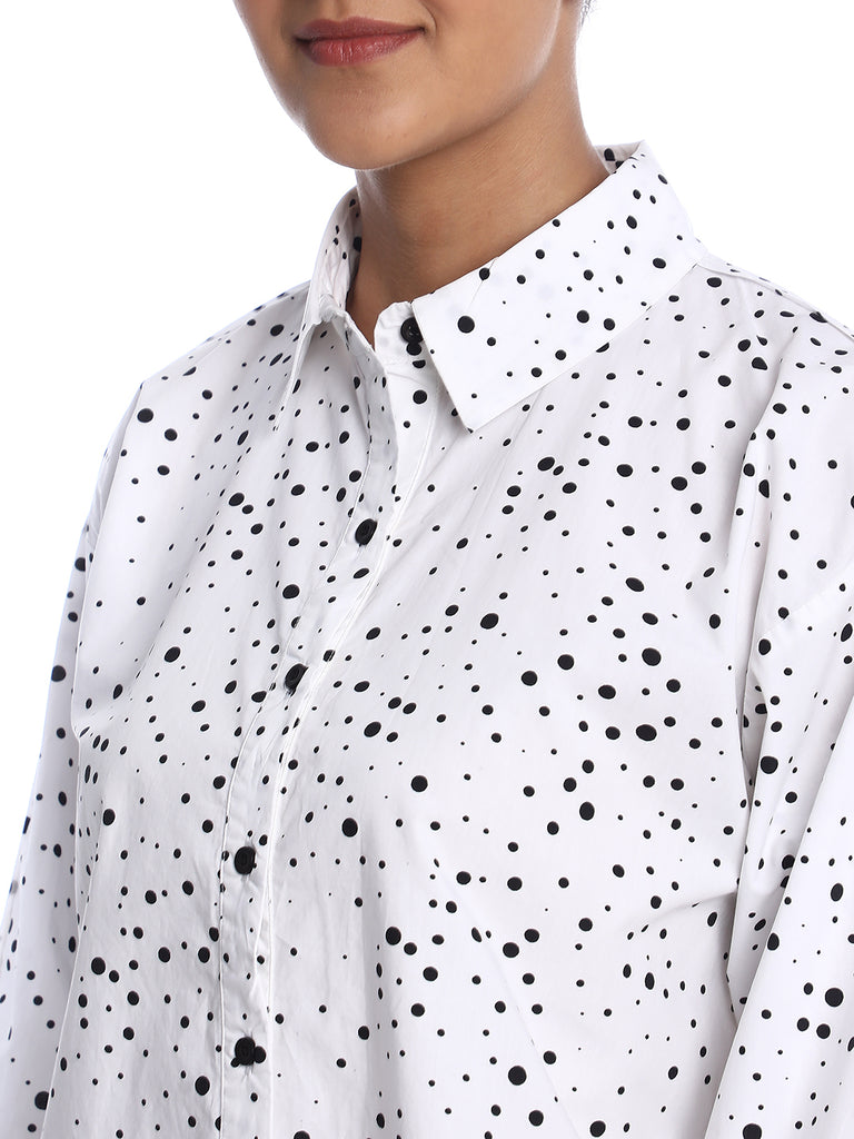 Brenda Black & White Polka Dots Print Cotton Drop Shoulder Shirt for Women - Paris Fit from GAZILLION - Front Detail