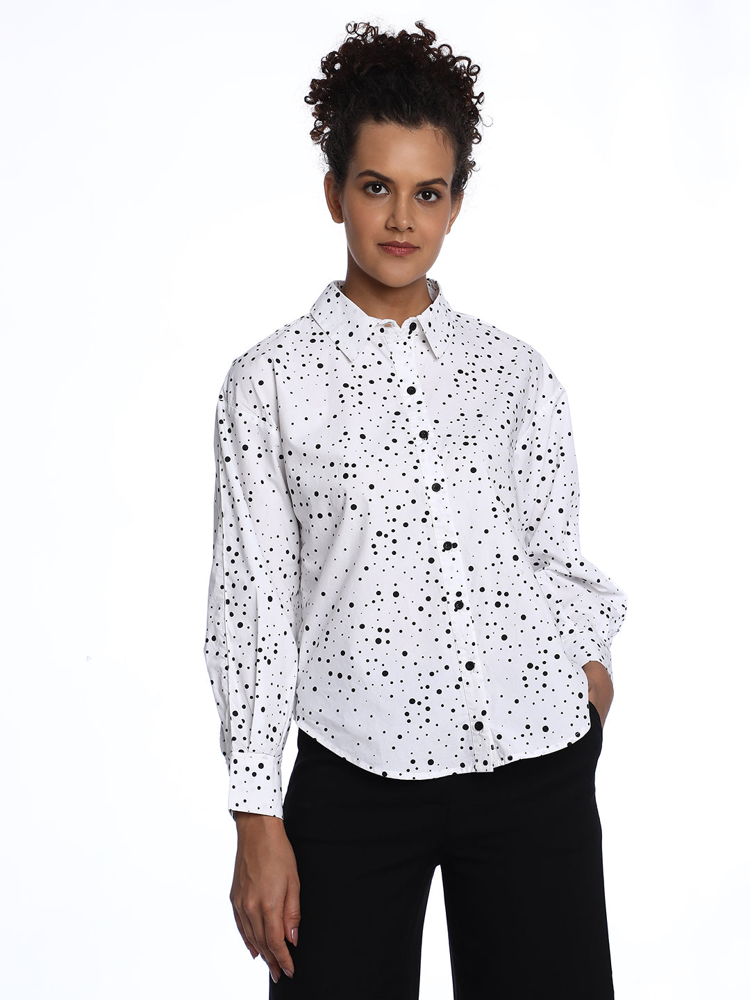 Brenda Black & White Polka Dots Print Cotton Drop Shoulder Shirt for Women - Paris Fit from GAZILLION - Front Look