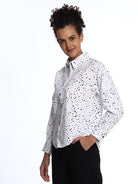 Brenda Black & White Polka Dots Print Cotton Drop Shoulder Shirt for Women - Paris Fit from GAZILLION- Left Side Look