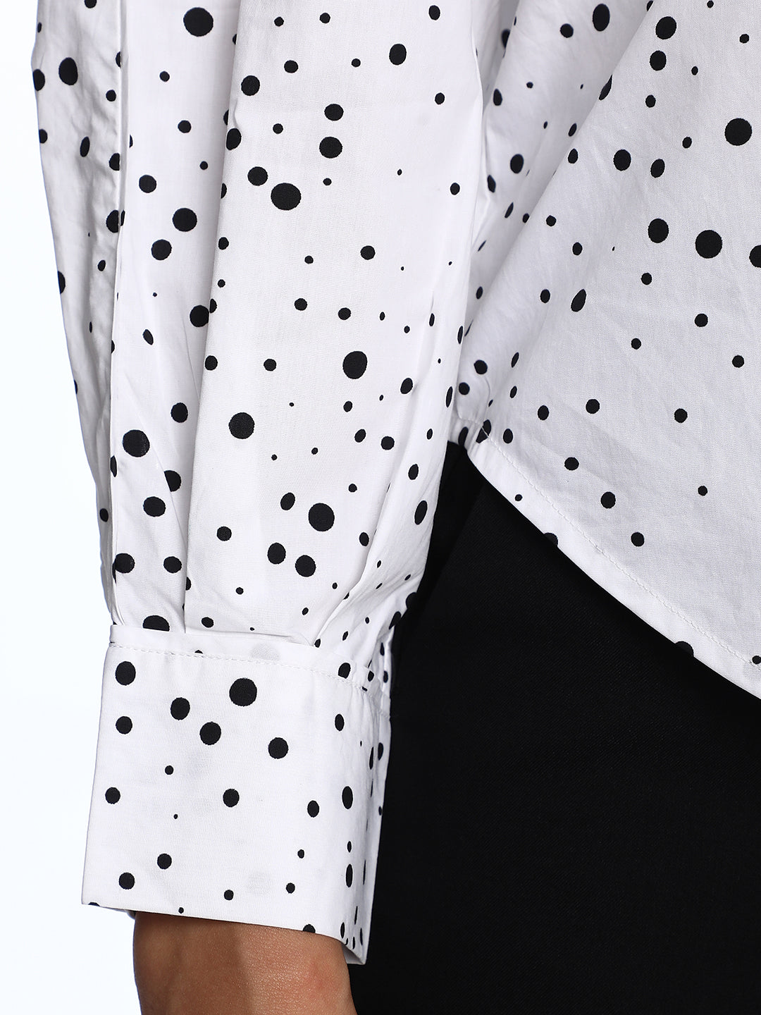 Brenda Black & White Polka Dots Print Cotton Drop Shoulder Shirt for Women - Paris Fit from GAZILLION - Sleeve Detail