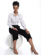 Brenda Black & White Polka Dots Print Cotton Drop Shoulder Shirt for Women - Paris Fit from GAZILLION - Stylised Seated Look