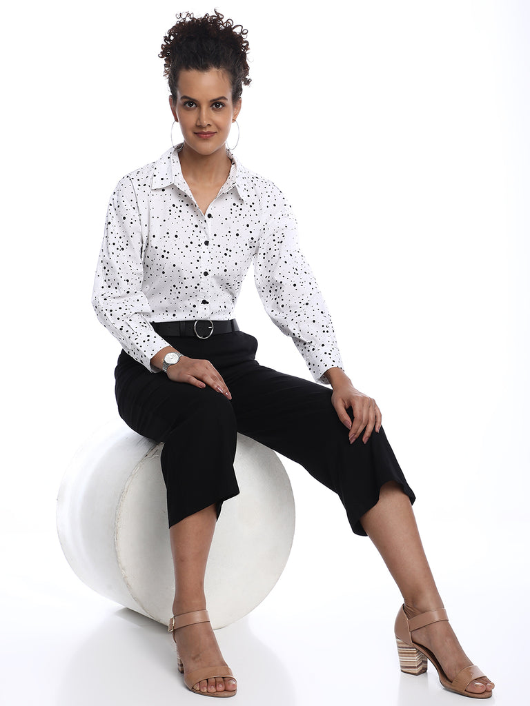 Brenda Black & White Polka Dots Print Cotton Drop Shoulder Shirt for Women - Paris Fit from GAZILLION - Stylised Seated Look