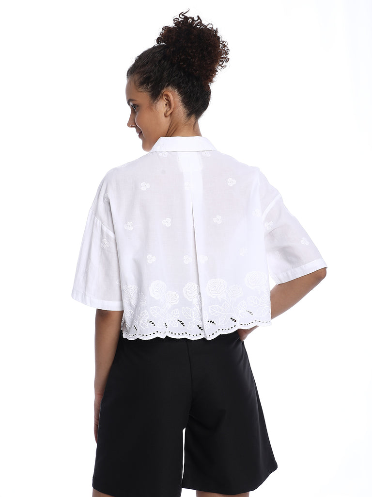 Briana White Shiffli Floral Border Cropped Shirt for Women - Budapest Fit from GAZILLION - Back Look