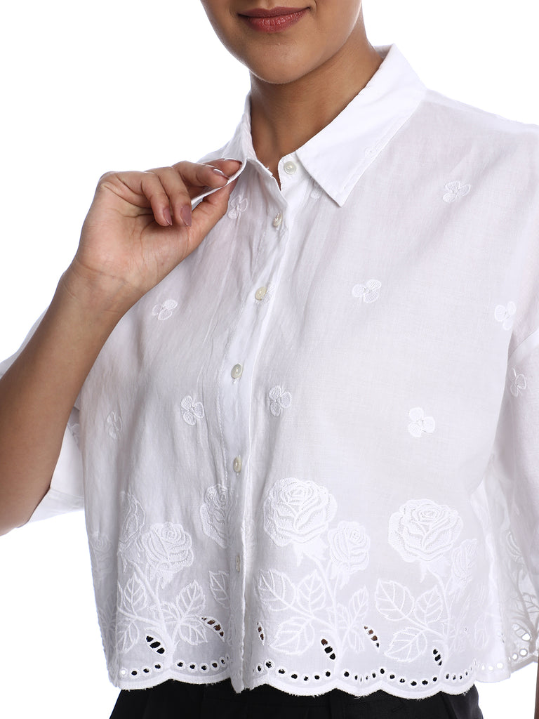 Briana White Shiffli Floral Border Cropped Shirt for Women - Budapest Fit from GAZILLION - Front Detail Button