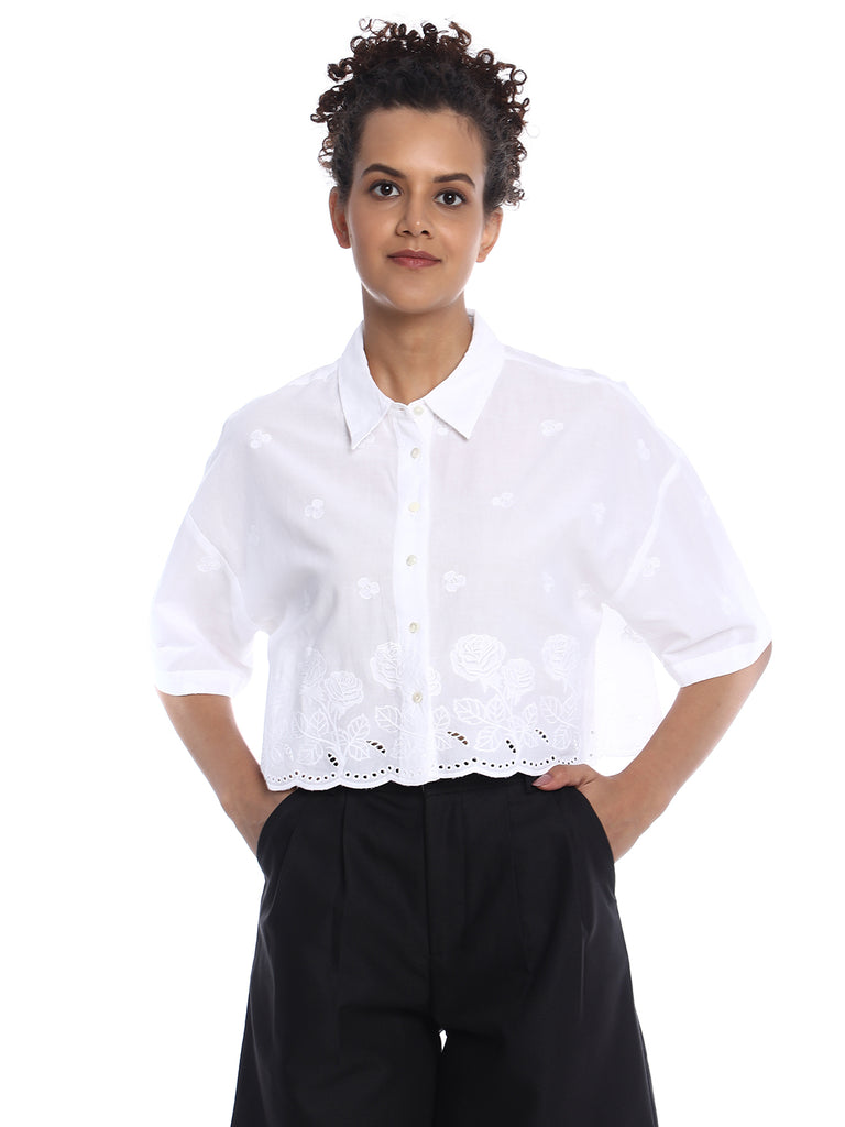 Briana White Shiffli Floral Border Cropped Shirt for Women - Budapest Fit from GAZILLION - Front Look