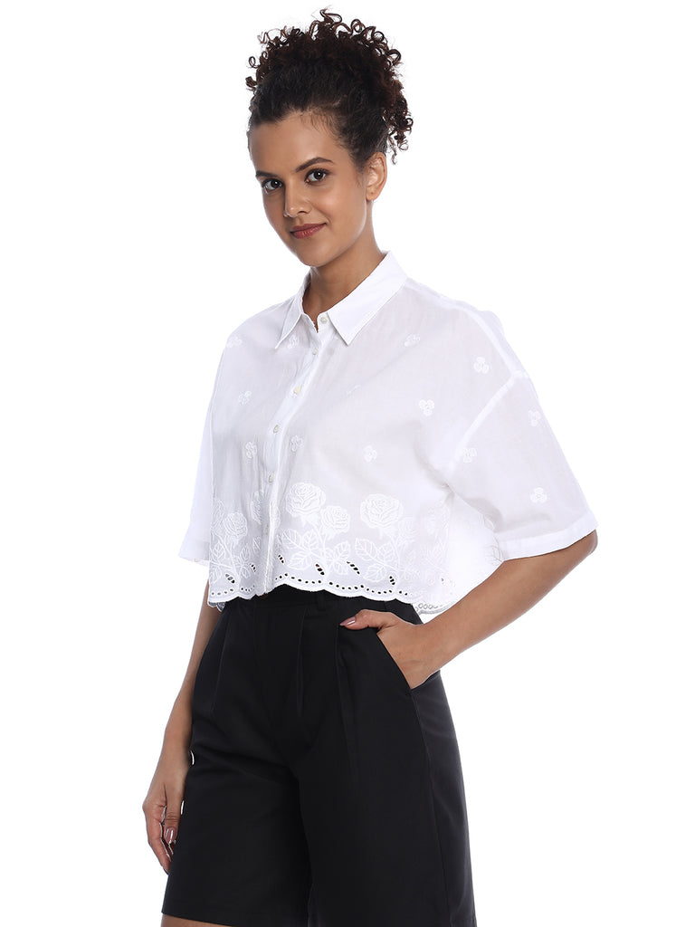 Briana White Shiffli Floral Border Cropped Shirt for Women - Budapest Fit from GAZILLION - Left Side Look