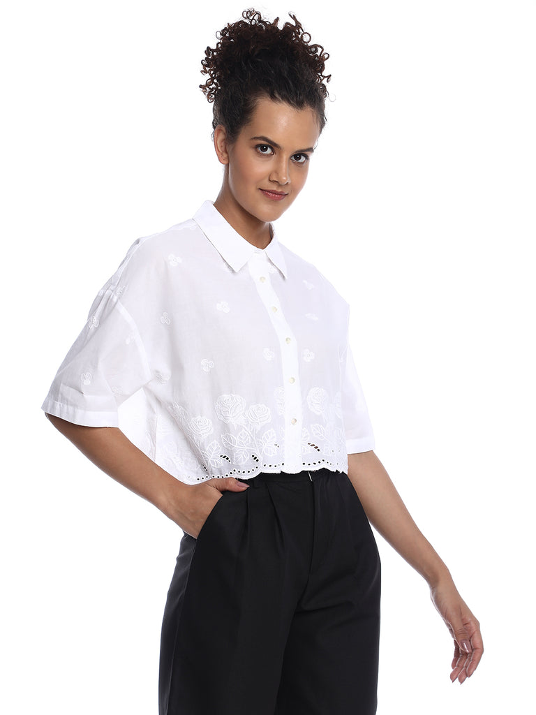 Briana White Shiffli Floral Border Cropped Shirt for Women - Budapest Fit from GAZILLION - Right Side Look