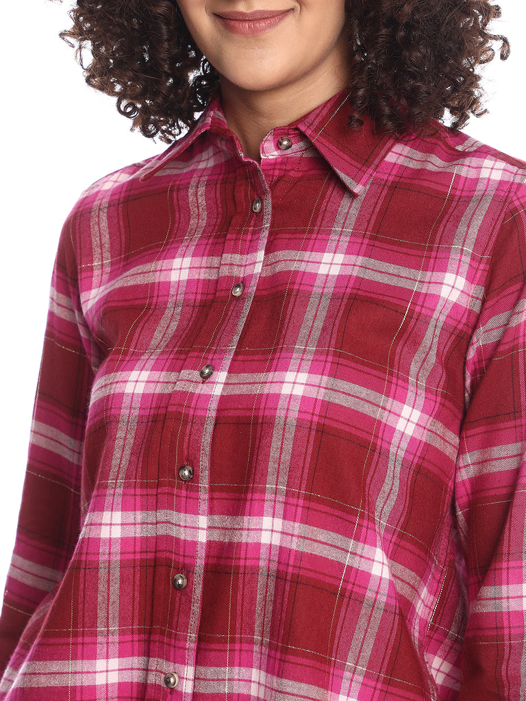 Britney Red & Pink Checks Soft Cotton Viscose Shirt for Women - Zurich Fit from GAZILLION - Front Detail