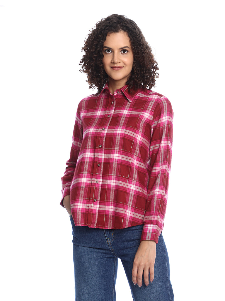 Britney Red & Pink Checks Soft Cotton Viscose Shirt for Women - Zurich Fit from GAZILLION - Front Look