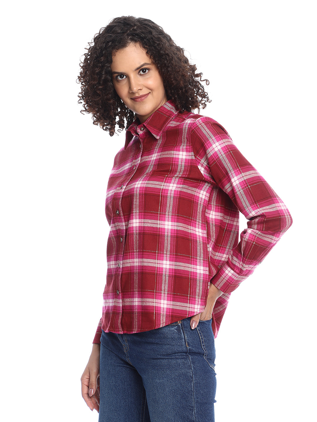 Britney Red & Pink Checks Soft Cotton Viscose Shirt for Women - Zurich Fit from GAZILLION - Left Side Look