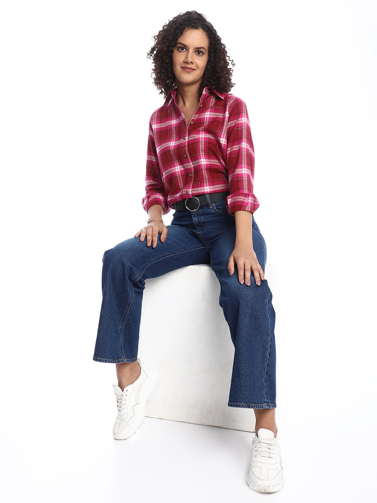 Britney Red & Pink Checks Soft Cotton Viscose Shirt for Women - Zurich Fit from GAZILLION - Stylised Seated Look