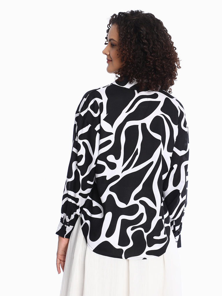 Brooke Black & White Abstract Print Viscose Linen Drop Shoulder Shirt for Women - Paris Fit from GAZILLION - Back Look