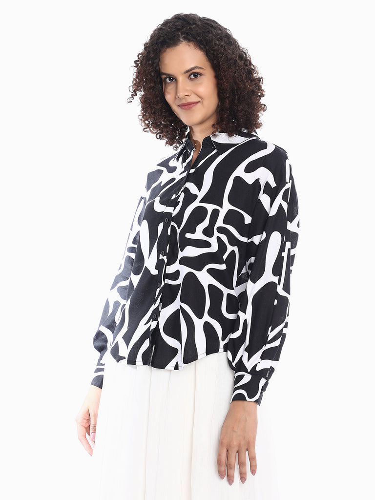 Brooke Black & White Abstract Print Viscose Linen Drop Shoulder Shirt for Women - Paris Fit from GAZILLION - Left Side Look