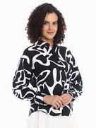 Brooke Black & White Abstract Print Viscose Linen Drop Shoulder Shirt for Women - Paris Fit from GAZILLION - Right Side Look