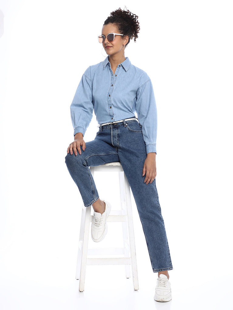 Brynn Light Blue Denim Shirt for Women - Zurich Fit from GAZILLION - Stylised Seated Look