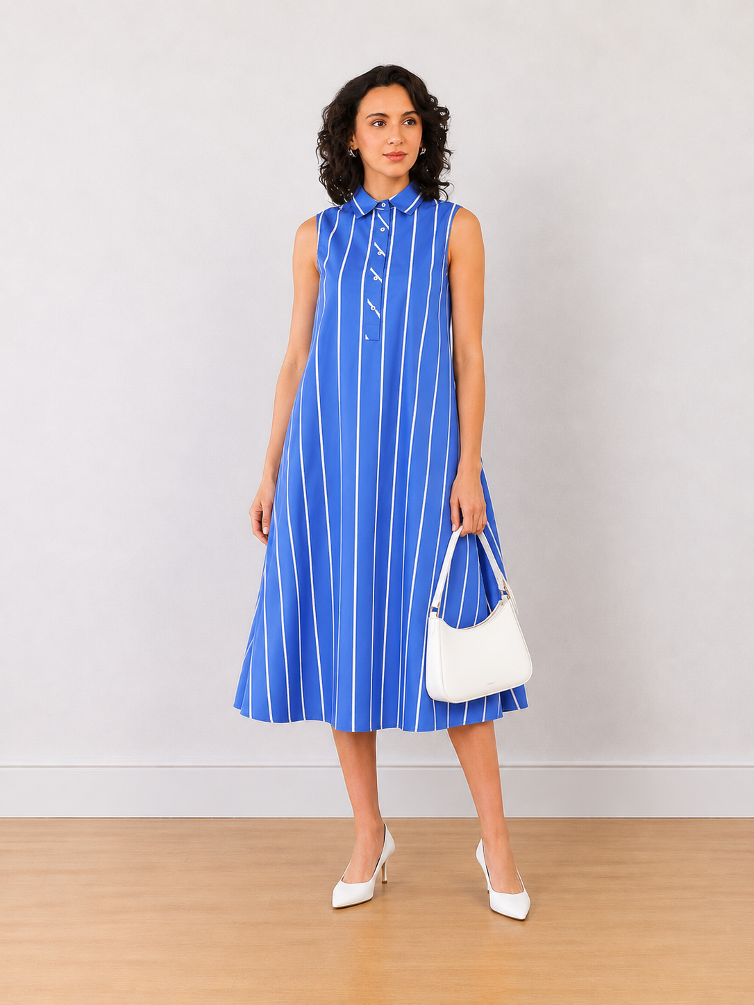Elva Blue & White Stripes Cotton Midi Dress