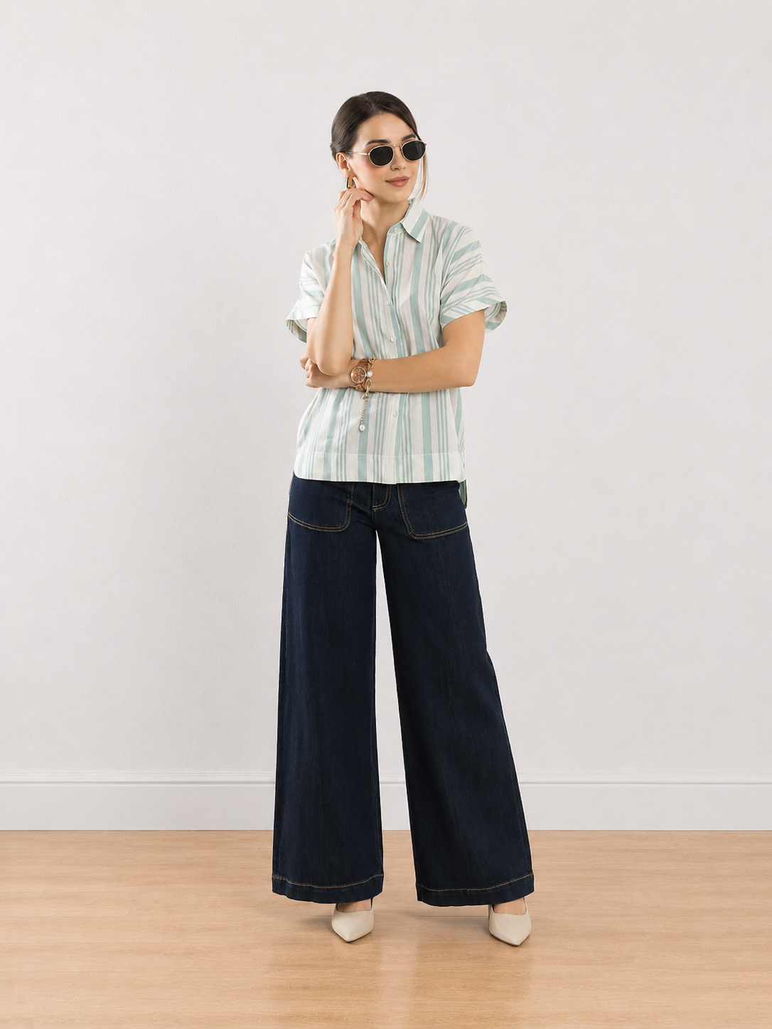 Elle Green Stripes Cotton Office Shirt