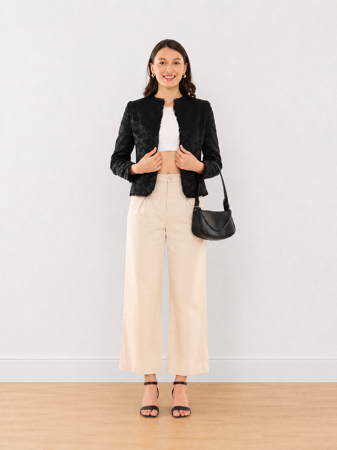 Enid Black Jacquard Collarless Cropped Jacket