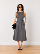 Ebba Grey Linen Formal Midi Dress