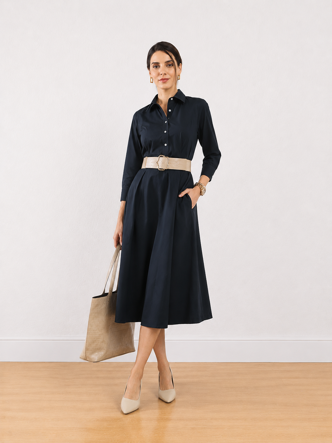 Elinda Black Cotton Formal Midi Dress