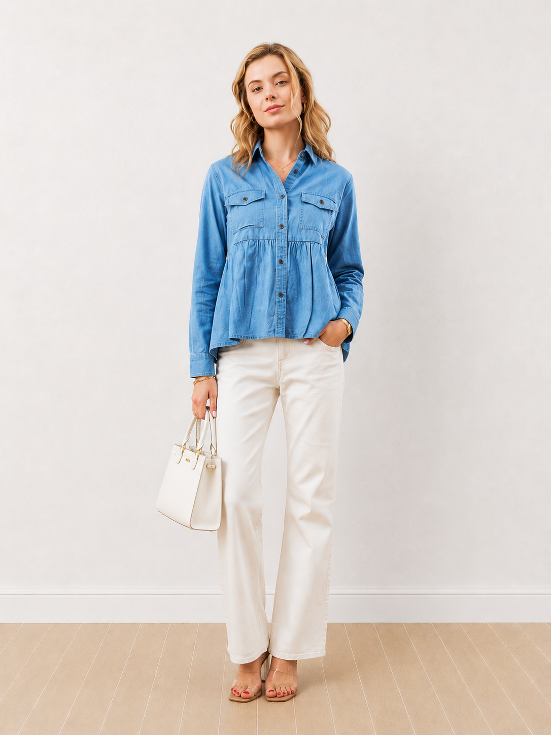Delta Light Blue Denim Peplum Shirt