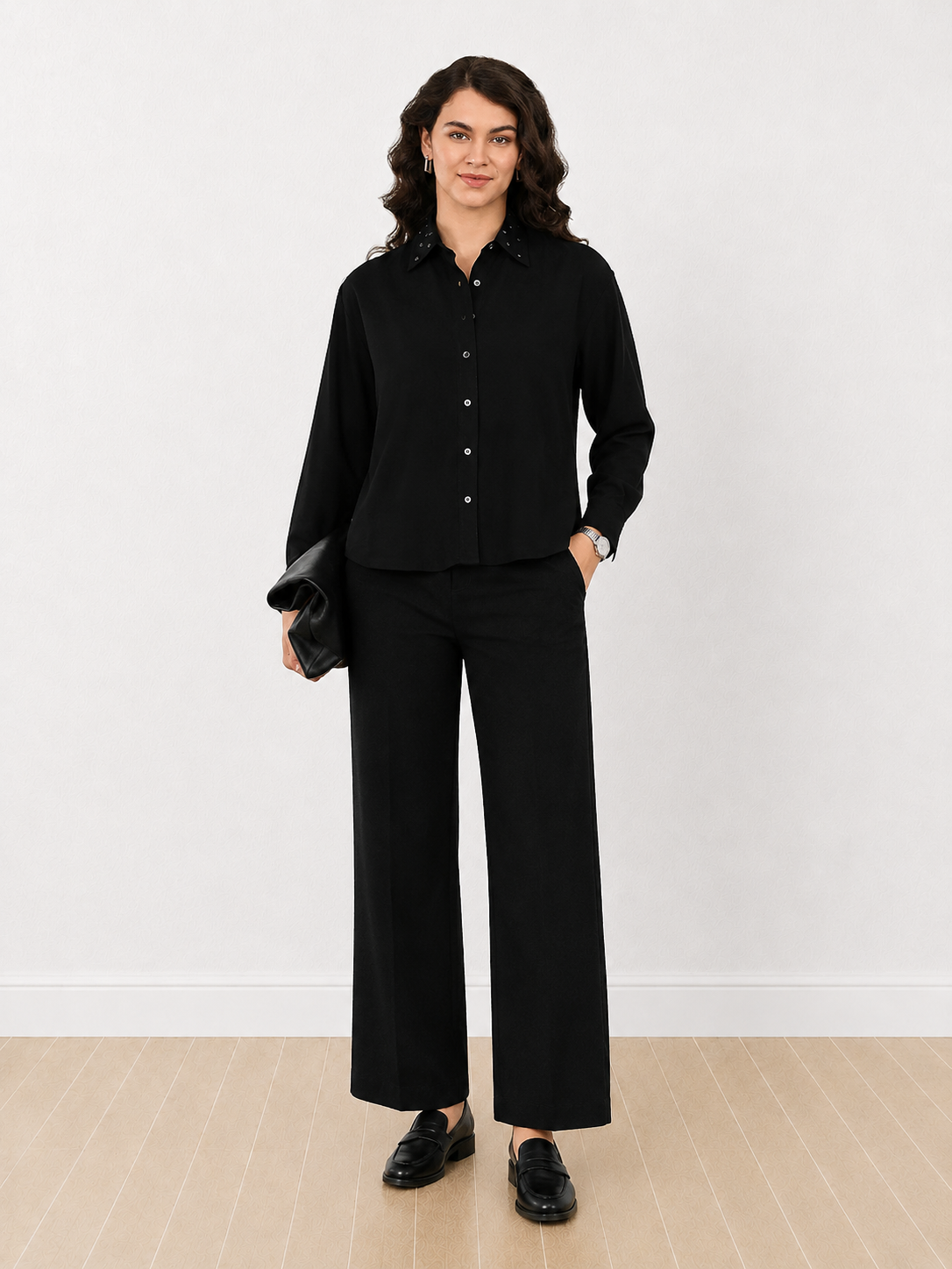Dorothy Black Oversized Metallic Studs Viscose Shirt