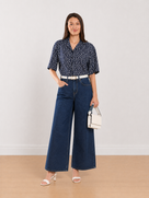 Cece Indigo Printed Short Sleeves Cropped Cotton Shirt