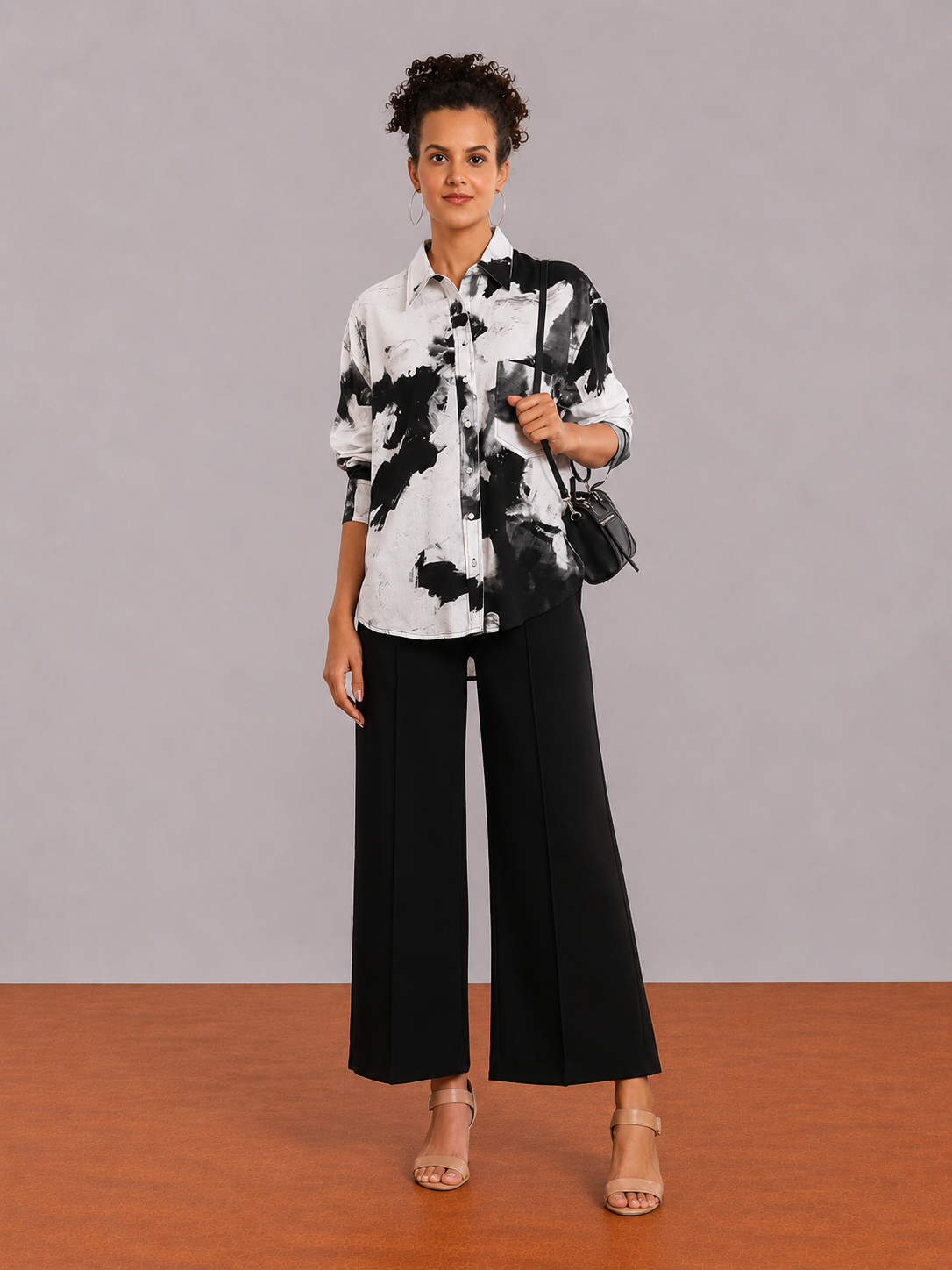 Benna Black & White Floral Print Viscose Linen Oversized Shirt