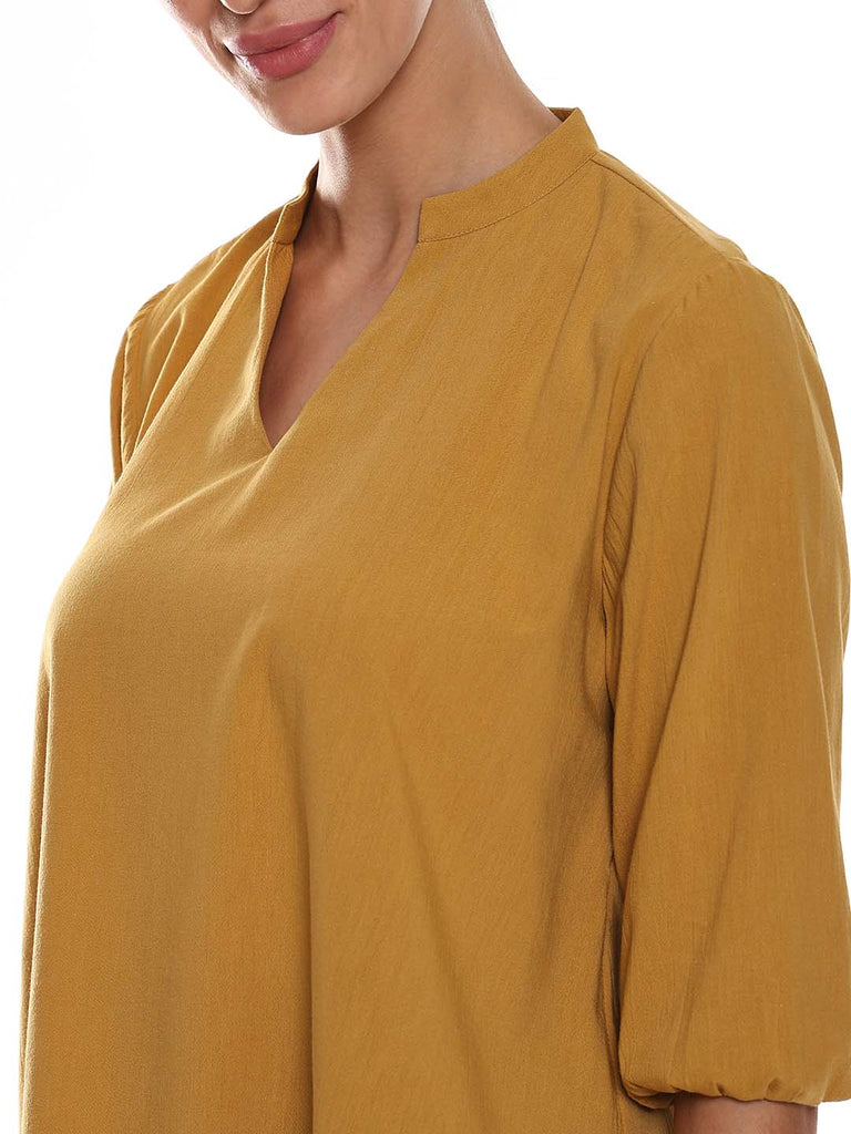 Adrian Mustard Yellow Cotton-Viscose Loose Top for Women - Florence Fit from GAZILLION - Left Side Detail