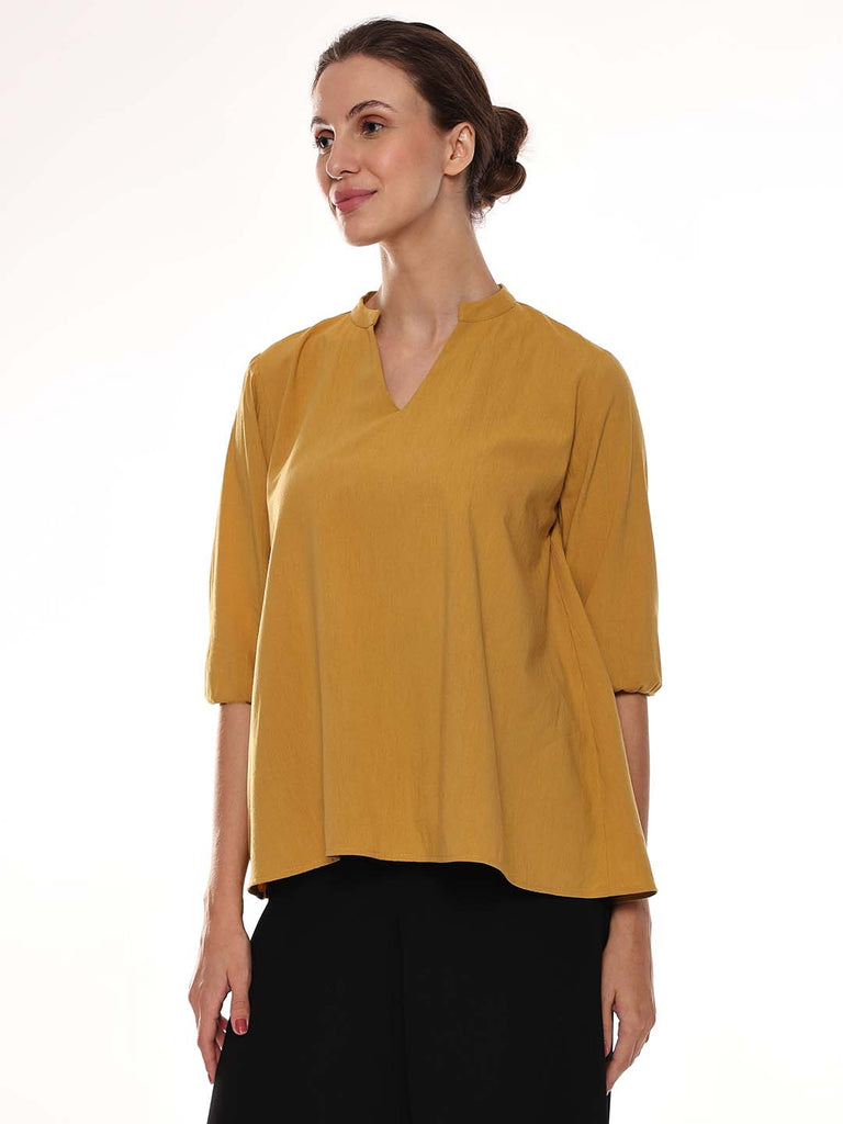 Adrian Mustard Yellow Cotton-Viscose Loose Top for Women - Florence Fit from GAZILLION - Left Side Look