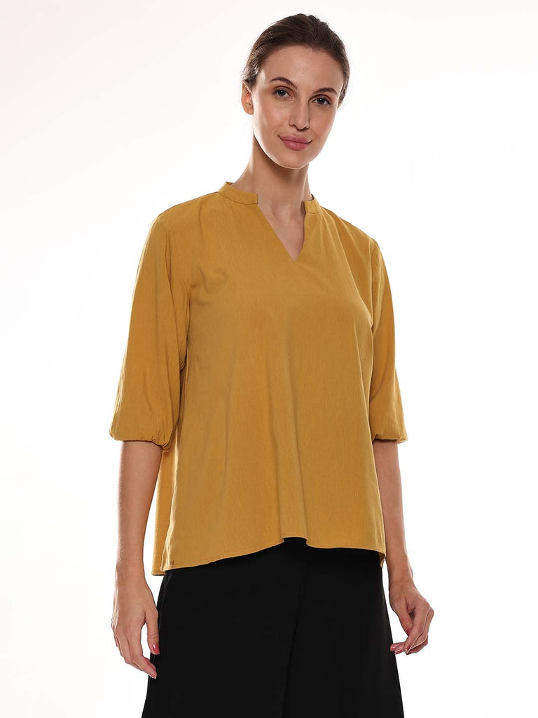 Adrian Mustard Yellow Cotton-Viscose Loose Top for Women - Florence Fit from GAZILLION - Right Side Look