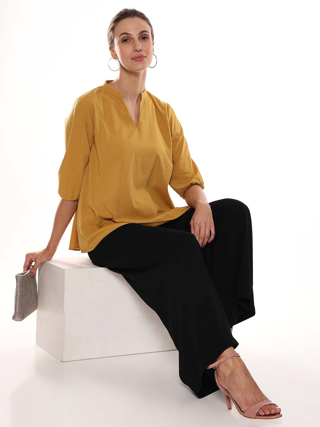 Adrian Mustard Yellow Cotton-Viscose Loose Top for Women - Florence Fit from GAZILLION - Seated Stylised Look